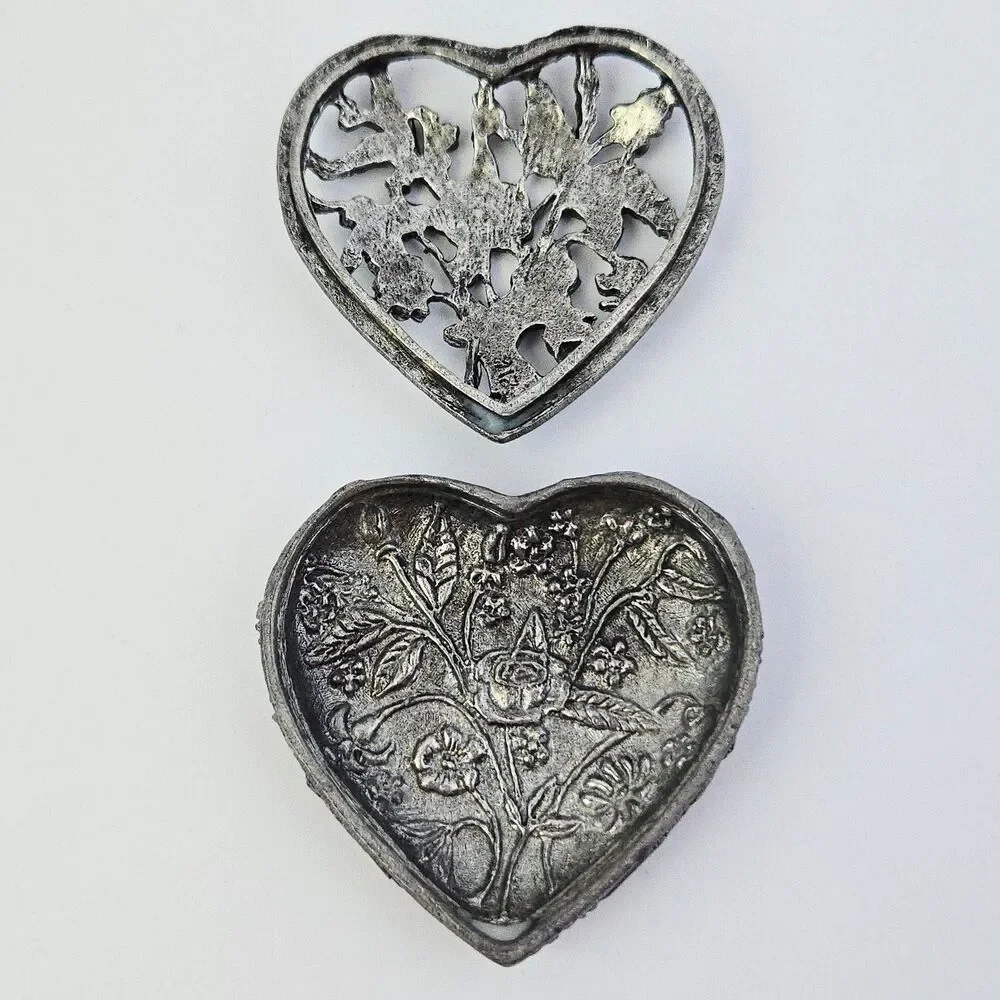 Vintage Metzke Heart Shape Pewter Trinket Jewelry Box Pewter Roses Floral 70s